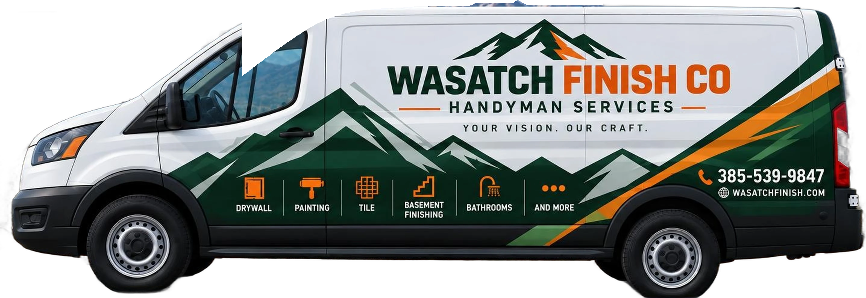 White Ford Transit van with the Wasatch Finish wrap